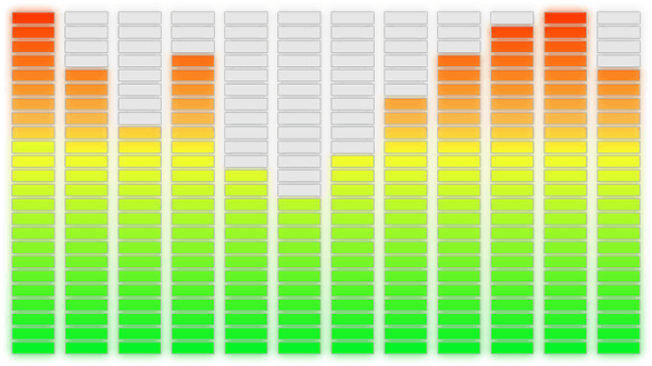 Ajustar amplificador y crossover. Se muestra el ajuste de frecuencias, desde verde (bajo) a rojo (alta distorsión) para controlar la señal de audio.